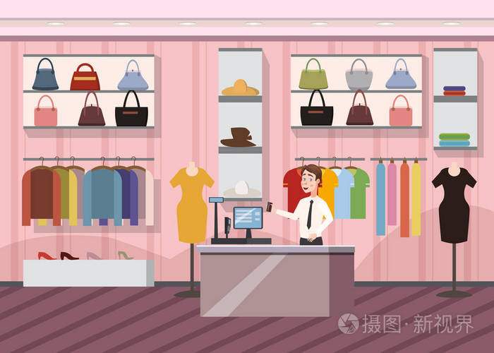時裝店超級市場女裝購物商場內(nèi)橫幅與復制空間卡通矢量插畫