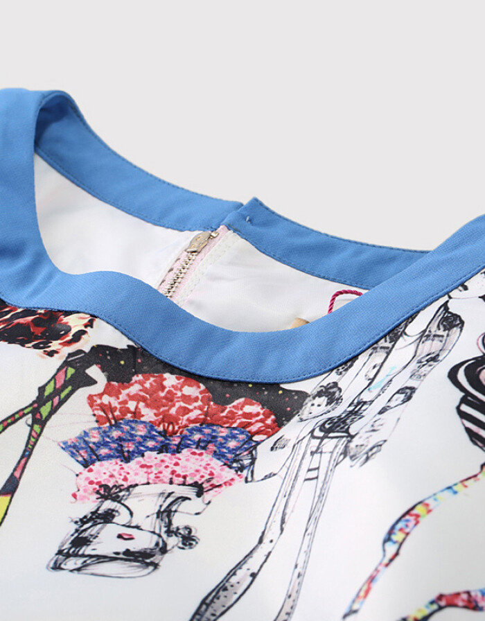 丹思露 2016新款時(shí)尚夏季專柜產(chǎn)品 甜美五分袖寬松圓領(lǐng)歐美印花連衣裙女短裙 黑色 XL