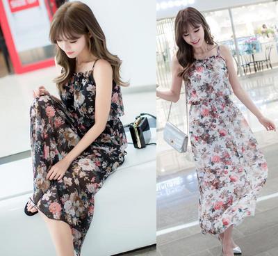 實(shí)拍2016新款夏裝 波西米亞吊帶長(zhǎng)裙沙灘裙碎花連衣裙